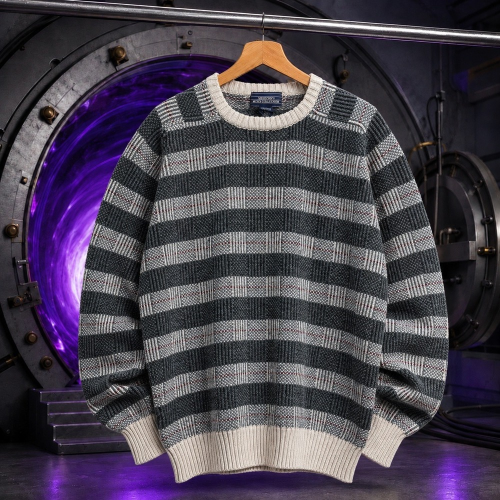 Vintage 90s Mervyns Mens Collection Sweater Grey White Striped Pattern Medium